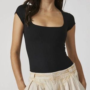 Free People Intimately Black Square Eyes Short Sleeve Bodysuit Small S